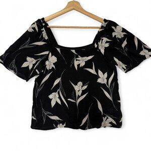 A New Day Square Neck Top Womens Size S Black Floral Sheer Short Sleeves Ruffle